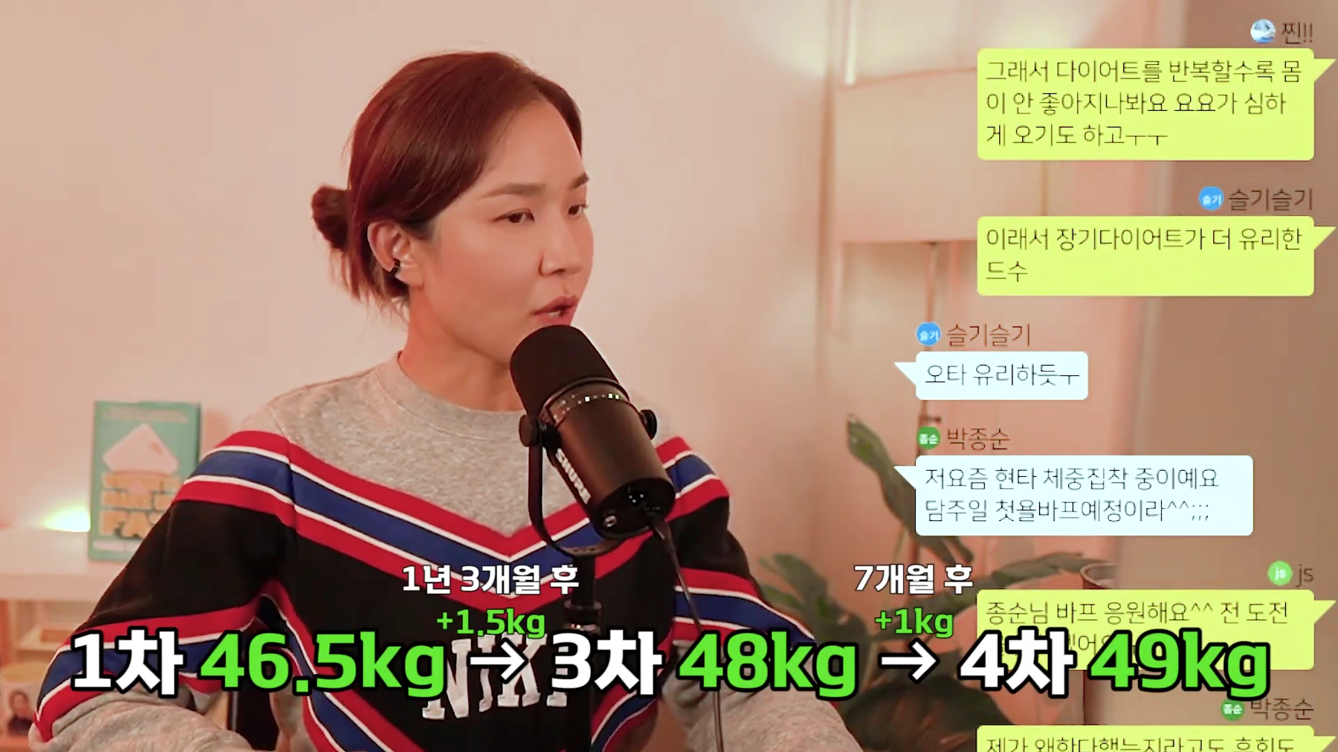 A woman speaking into a black studio microphone in a room with a light-colored background, while a graphic on the bottom shows the weight changes across multiple body profile sessions and chat messages from viewers appear on the right side.