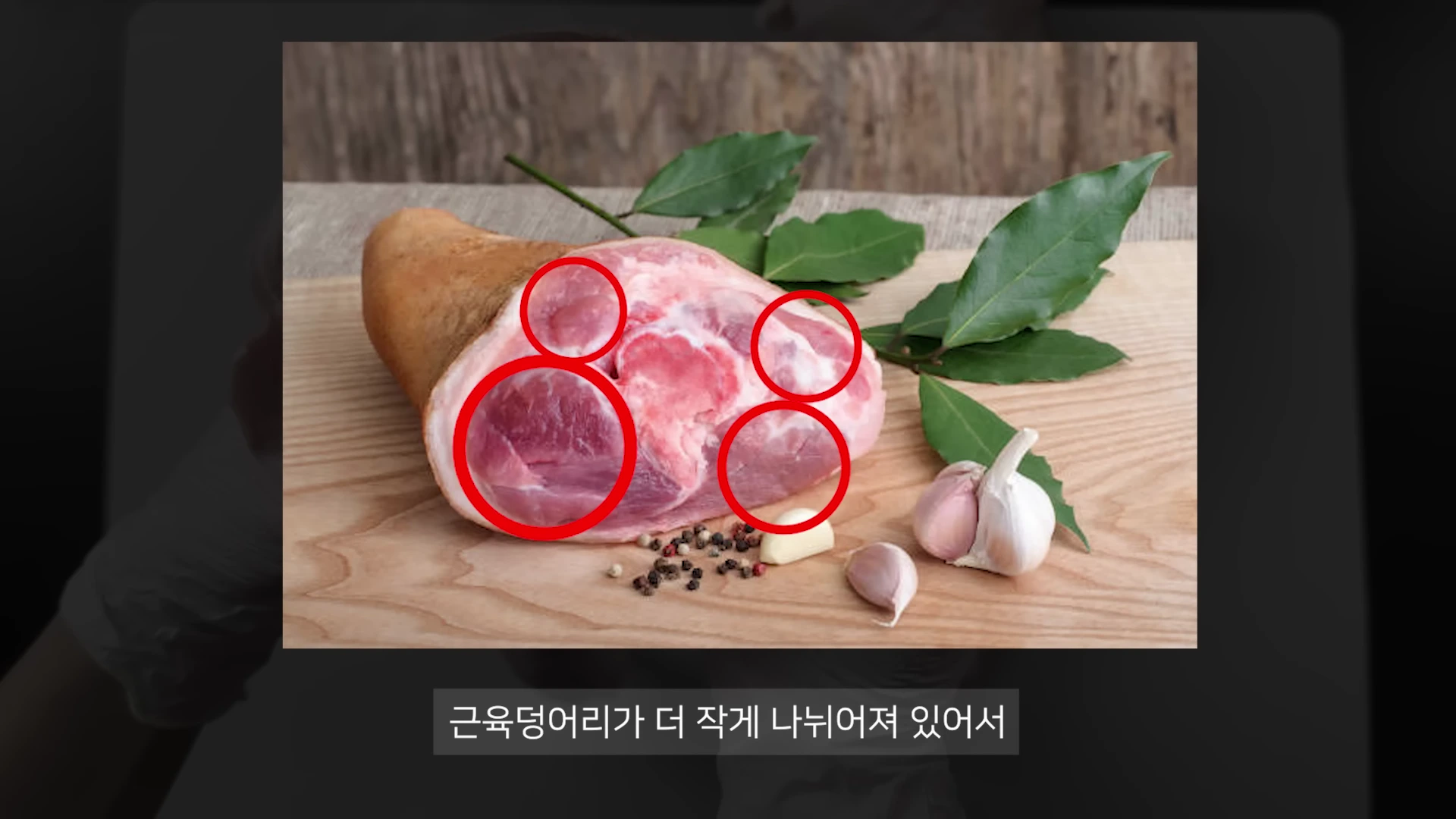 나무 도마 위에 놓인 생돼지 다리 단면에 붉은색 원으로 주요 근육 부위가 표시되어 있고 주변에 마늘과 잎이 놓여 있는 모습