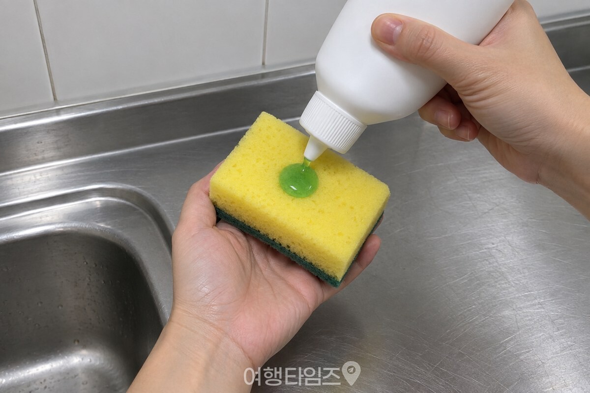 노란 스펀지 수세미 위에 동전만 한 크기로 짜 놓은 초록색 주방 세제 한 덩이. / 기사 이해를 돕기 위한 생성형 이미지