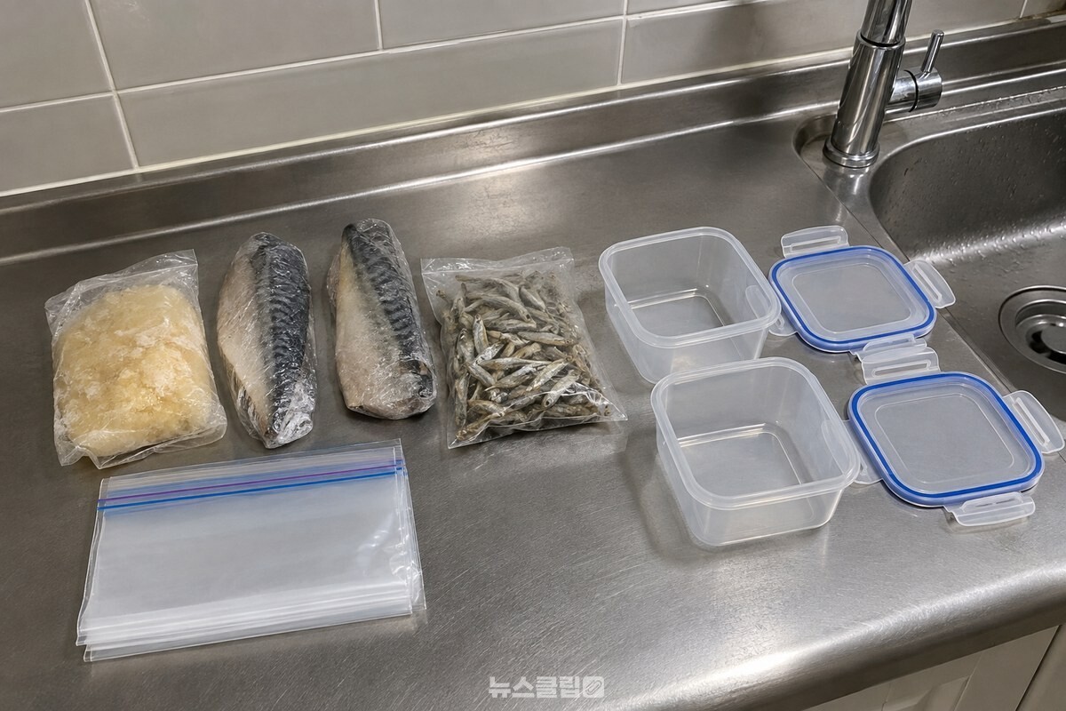 냉동실에서 꺼낸 식재료와 지퍼백, 뚜껑 있는 밀폐용기를 싱크대 상판에 나란히 늘어놓았다. / 기사 이해를 돕기 위한 생성형 이미지