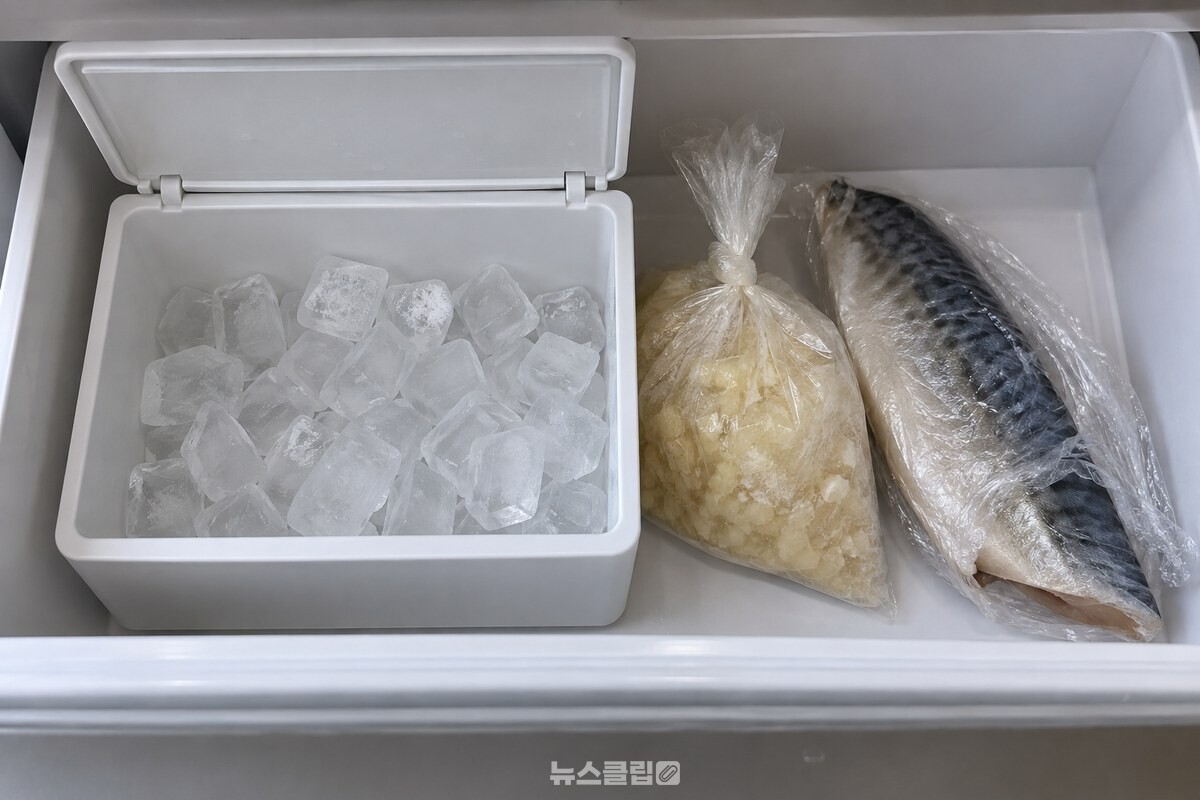 얼음통 바로 옆 칸에 다진 마늘 봉지와 손질한 생선이 포장 없이 놓여 있어, 얼음이 같은 공기 속에 드러나 있다. / 기사 이해를 돕기 위한 생성형 이미지