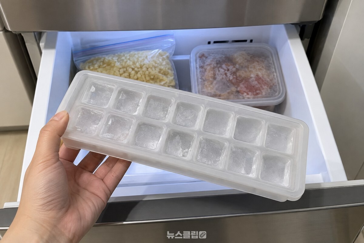 냉동실 문을 연 상태에서 얼음 트레이를 꺼내 든 모습으로, 안쪽 서랍에 지퍼백과 밀폐용기가 함께 들어 있다. / 기사 이해를 돕기 위한 생성형 이미지