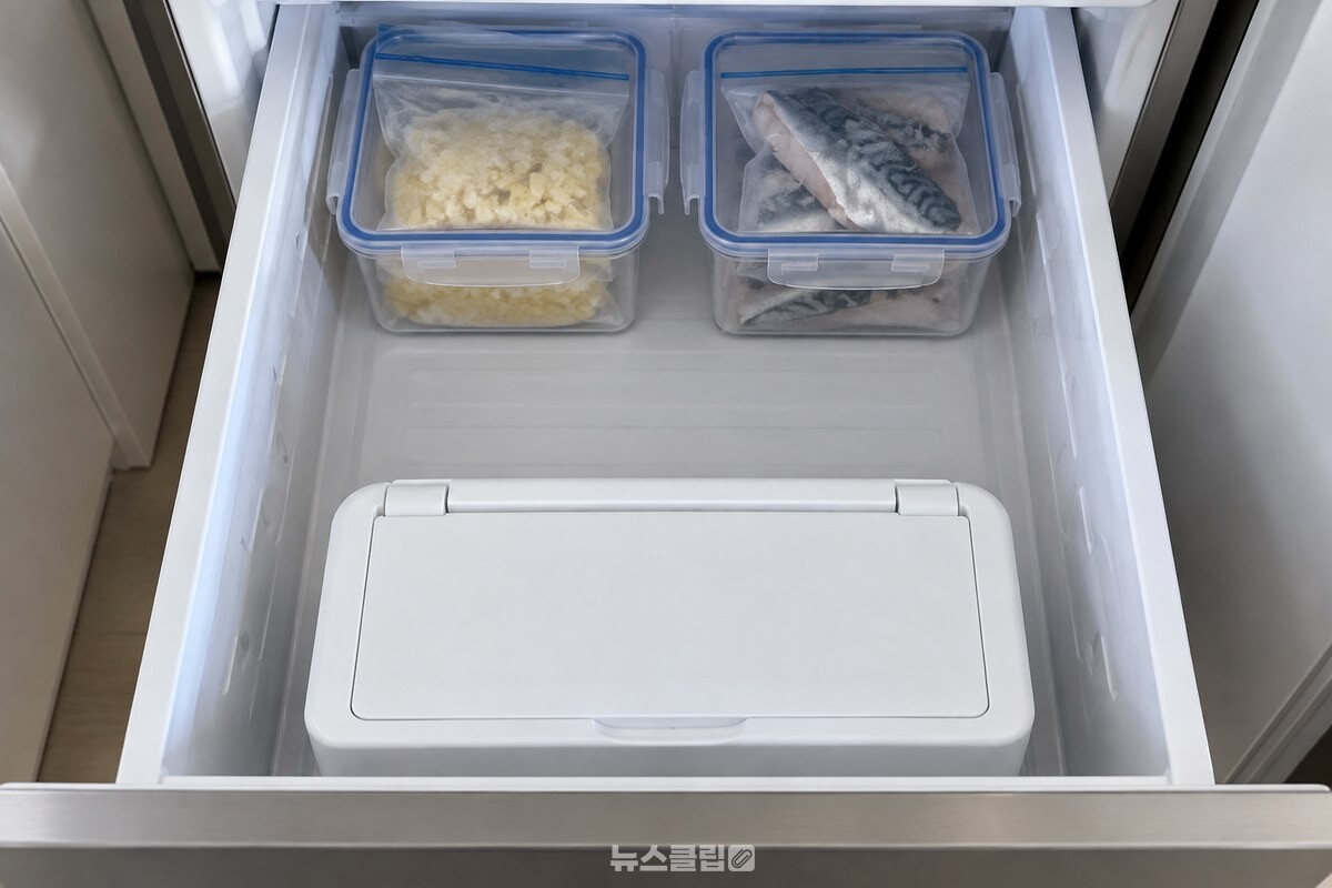 밀폐용기에 담은 마늘과 생선은 냉동실 서랍 안쪽 끝으로 몰아 두고, 얼음통은 문 쪽 앞자리에 따로 놓았다. / 기사 이해를 돕기 위한 생성형 이미지