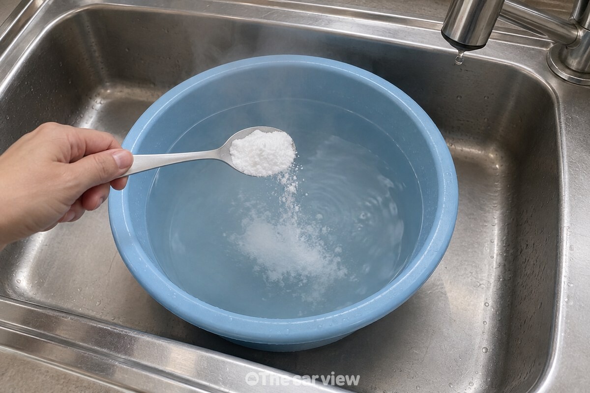 대야에 받은 따뜻한 물에 베이킹소다를 밥숟가락으로 떠 넣고 있다. / 기사 이해를 돕기 위한 생성형 이미지