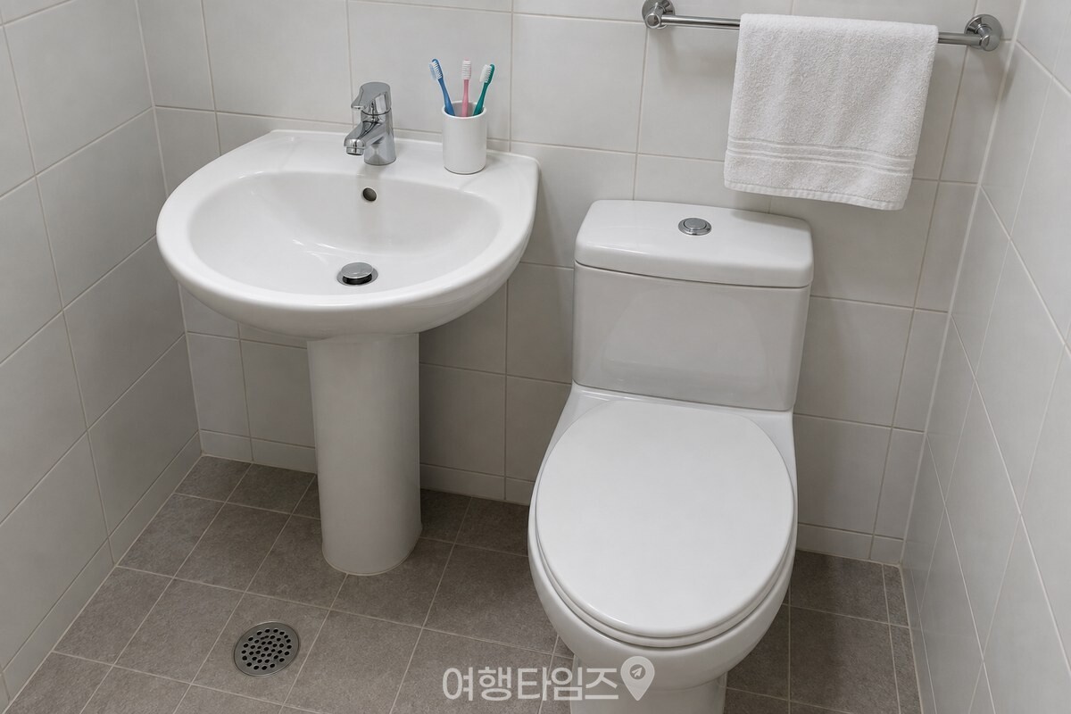 변기에서 한 걸음 거리에 세면대 칫솔컵과 수건걸이가 나란히 놓인 욕실 구조. / 기사 이해를 돕기 위한 생성형 이미지