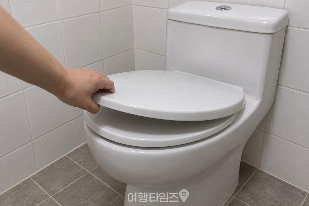시트 위 바깥 뚜껑까지 손으로 덮어 변기 입구를 완전히 가리는 모습. / 기사 이해를 돕기 위한 생성형 이미지