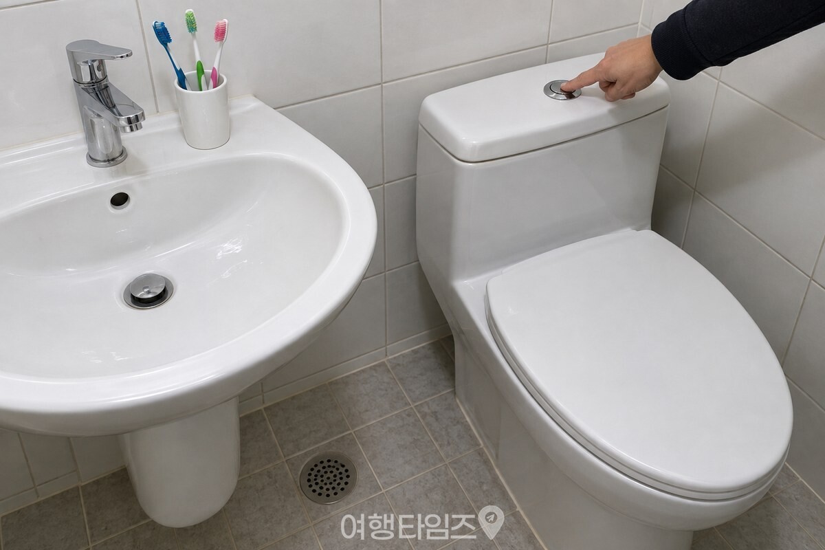 변기 뚜껑을 덮은 채 물내림 버튼을 누르는 손과, 한 걸음 옆 세면대에 놓인 칫솔컵. / 기사 이해를 돕기 위한 생성형 이미지