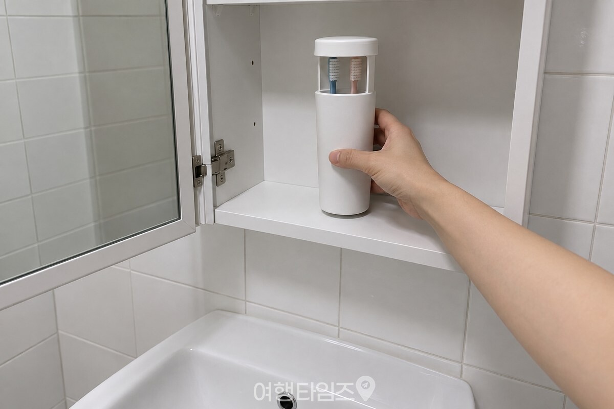 칫솔을 뚜껑 있는 칫솔통에 넣어 거울 수납장 안에 두는 모습. / 기사 이해를 돕기 위한 생성형 이미지