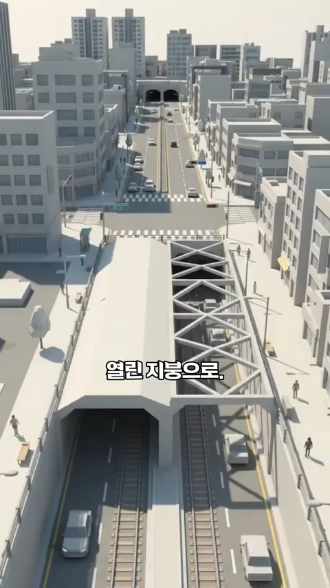 도심을 가로지르는 방음터널 위를 하늘에서 내려다본 3D 그래픽 모델링 이미지로, 터널 지붕 일부가 뚫려 내부가 노출된 모습이 담겨 있다.