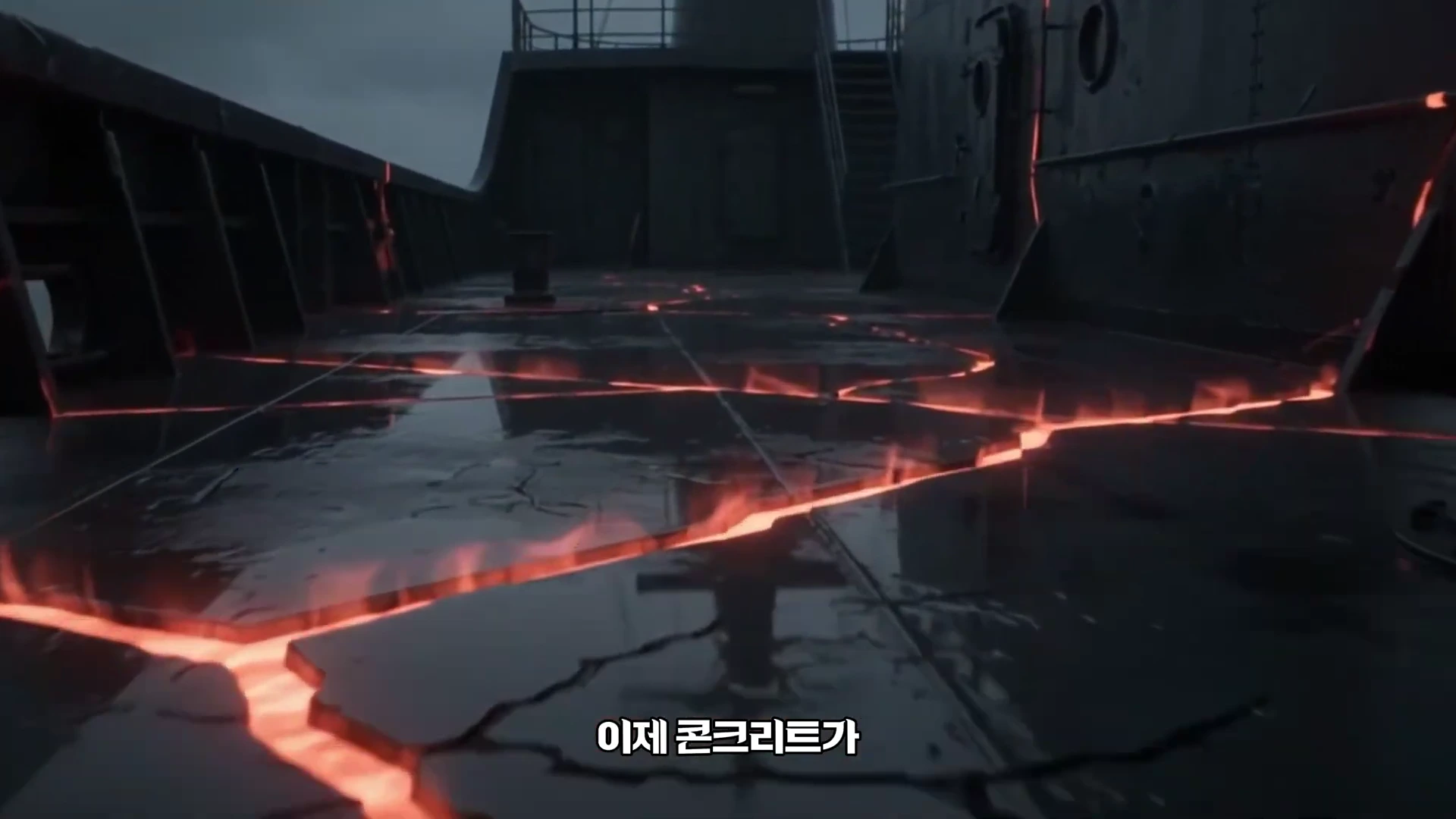 어두운 배경에 갈라진 콘크리트 바닥 사이로 붉은 빛이 새어 나오는 그래픽 이미지.