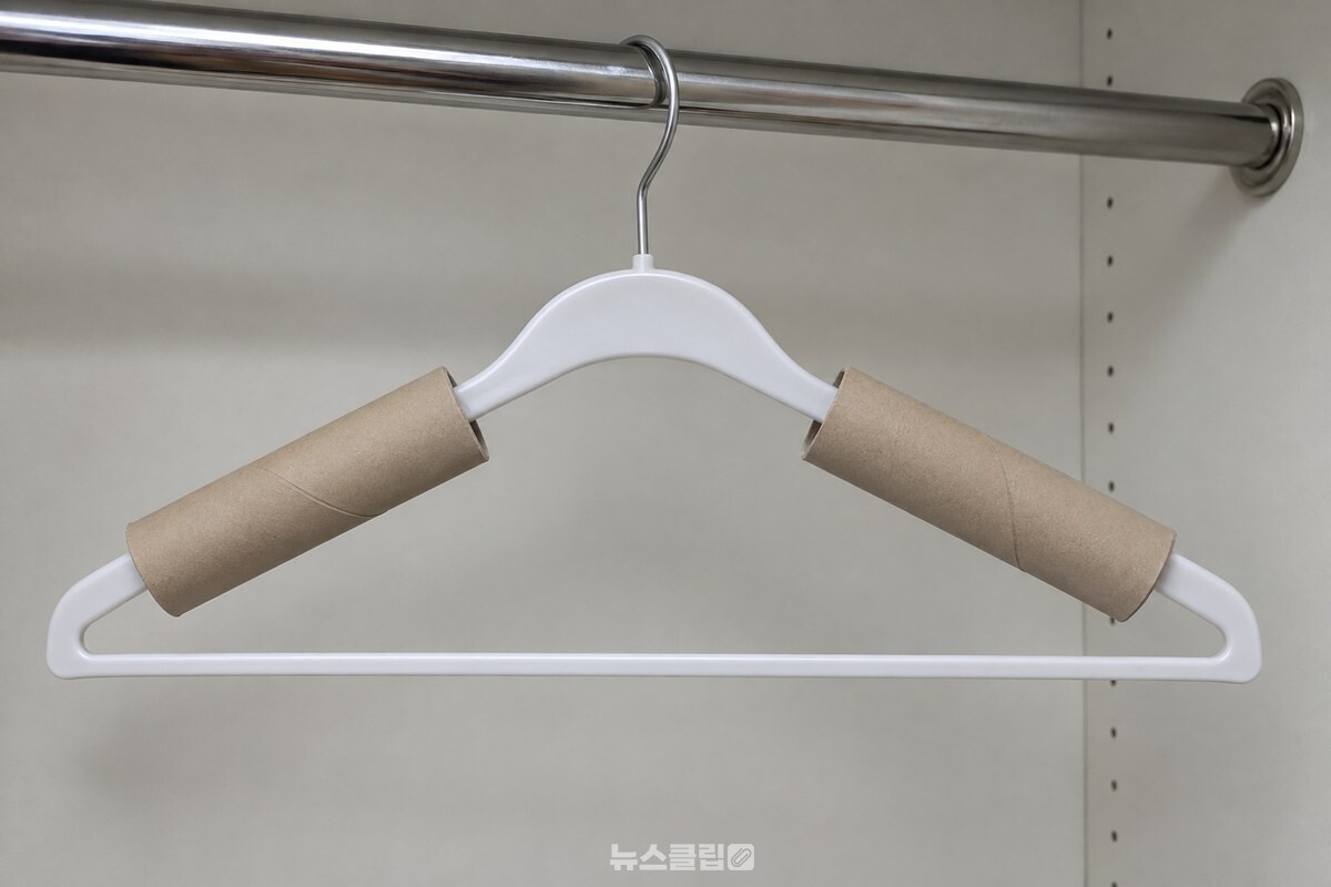 옷장 봉에 걸린 옷걸이 양쪽 어깨에 세로로 가른 휴지심 두 개가 끼워져 있다. / 기사 이해를 돕기 위한 생성형 이미지