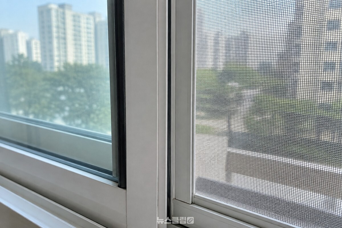걸쇠가 달린 쪽 창을 열어 방충망 세로 프레임과 유리창 세로 틀이 겹쳐 있는 상태. / 기사 이해를 돕기 위한 생성형 이미지