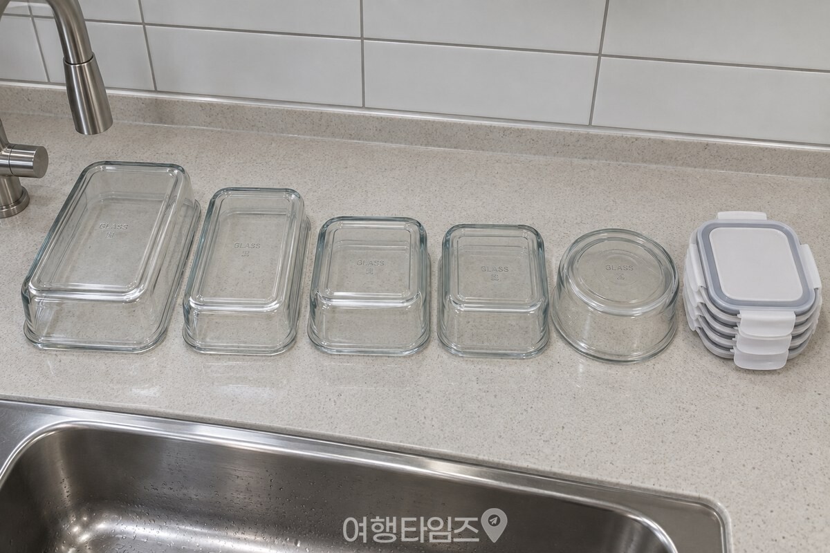 싱크대 위에 유리 밀폐용기를 모두 꺼내 바닥을 위로 향하게 뒤집어 늘어놓은 모습. / 기사 이해를 돕기 위한 생성형 이미지
