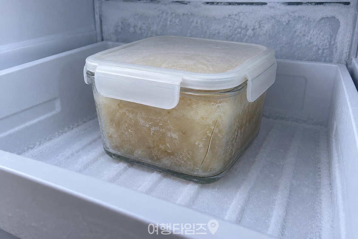 냉동실 칸에 놓인 유리 용기 옆면에 가는 실금 한 줄이 지나간 모습. / 기사 이해를 돕기 위한 생성형 이미지