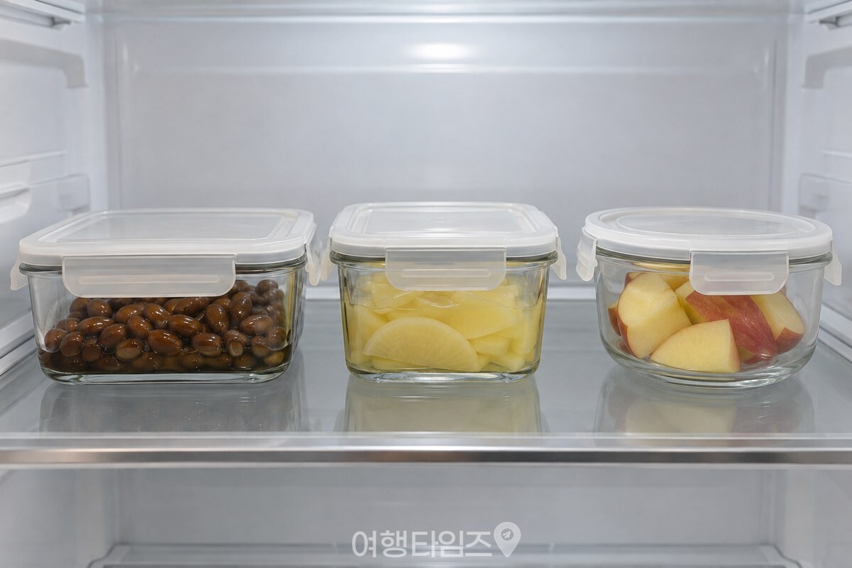 냉장실 선반에 밑반찬과 썰어 둔 과일을 담은 유리 용기 세 개를 넣어 둔 모습. / 기사 이해를 돕기 위한 생성형 이미지