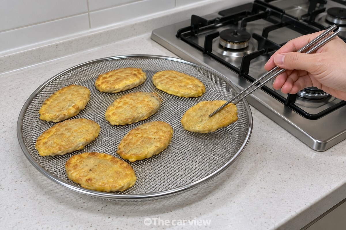 불에서 막 내린 전을 넓은 채반에 한 장씩 겹치지 않게 옮겨 놓는 모습. / 기사 이해를 돕기 위한 생성형 이미지