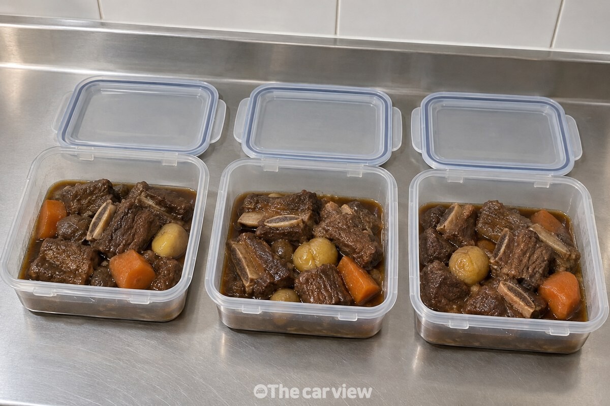 갈비찜을 사각 밀폐용기 세 개에 나눠 담고 뚜껑은 옆에 따로 놓아 둔 모습. / 기사 이해를 돕기 위한 생성형 이미지