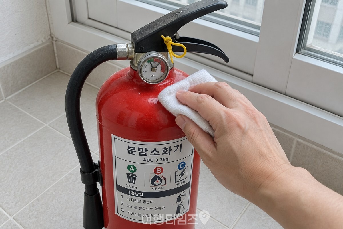 마른 행주로 소화기 어깨 부분을 닦고 있고, 손잡이 뒤쪽 좁은 면에만 옅은 먼지가 얇게 남아 있다. / 기사 이해를 돕기 위한 생성형 이미지