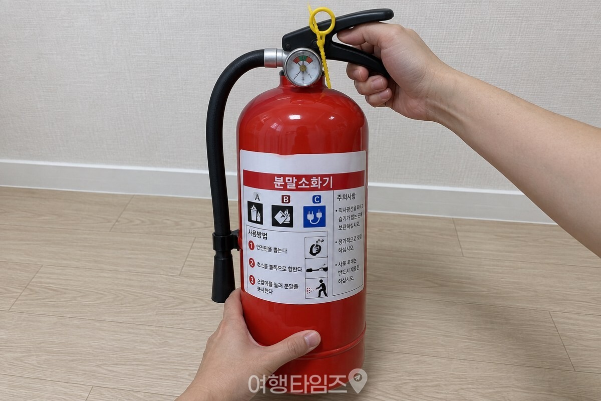 소화기를 무릎 앞에 세워 두 손으로 잡고 몸통 라벨 면을 살펴보는 모습. / 기사 이해를 돕기 위한 생성형 이미지