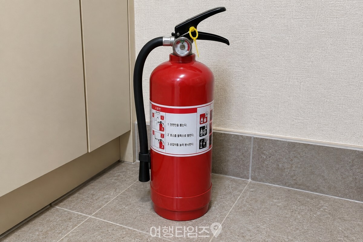 현관 신발장 옆 바닥에 세워 둔 빨간 분말소화기의 몸통과 손잡이, 압력계가 보인다. / 기사 이해를 돕기 위한 생성형 이미지