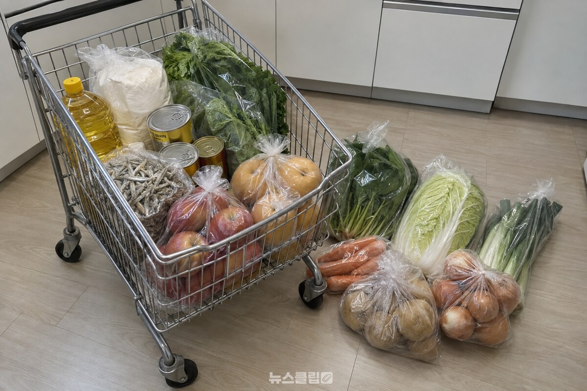 명절 장보기 카트에 상온식품과 사과, 채소를 먼저 담아 둔 모습 / 기사 이해를 돕기 위한 생성형 이미지