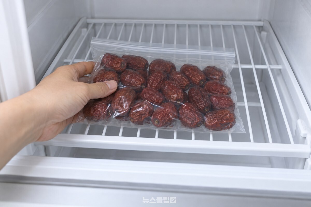 공기를 빼 납작하게 눌린 지퍼백에 말린 대추를 담아 냉동실 안쪽 선반에 넣는 모습. / 기사 이해를 돕기 위한 생성형 이미지