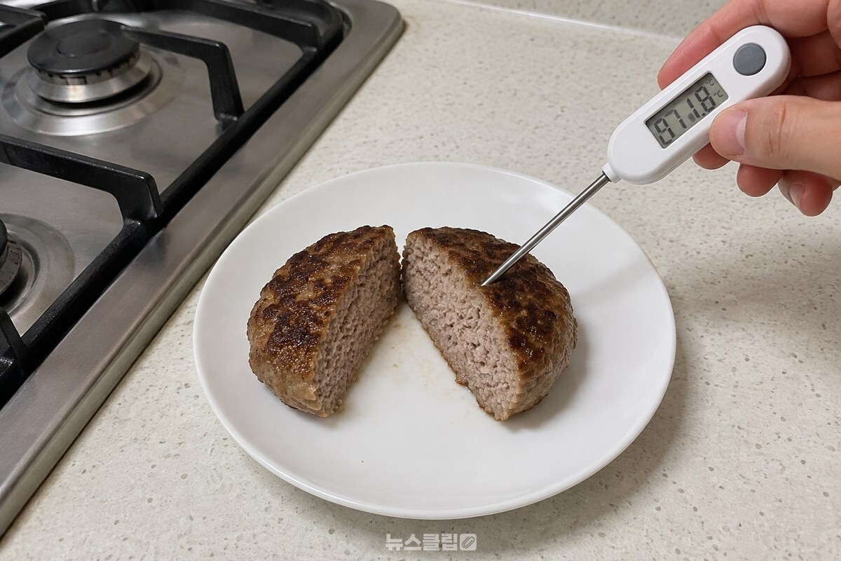 팬에서 익힌 고기완자의 가운데를 식품용 온도계로 확인하는 장면. / 기사 이해를 돕기 위한 생성형 이미지