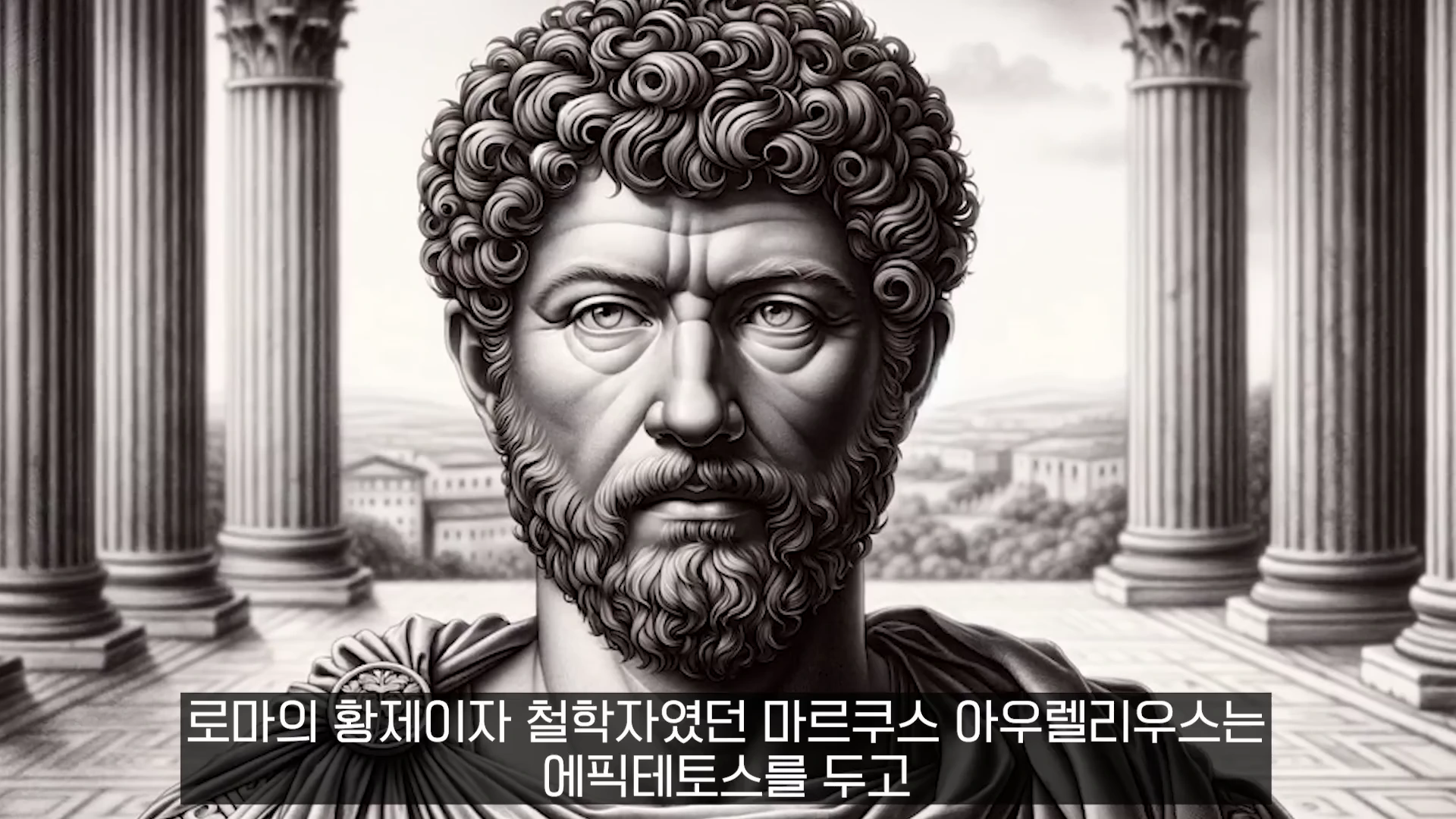 곱슬머리와 수염을 가진 로마 시대 남성의 고전적인 흉상과 기둥이 배경에 그려진 흑백 스타일의 그림