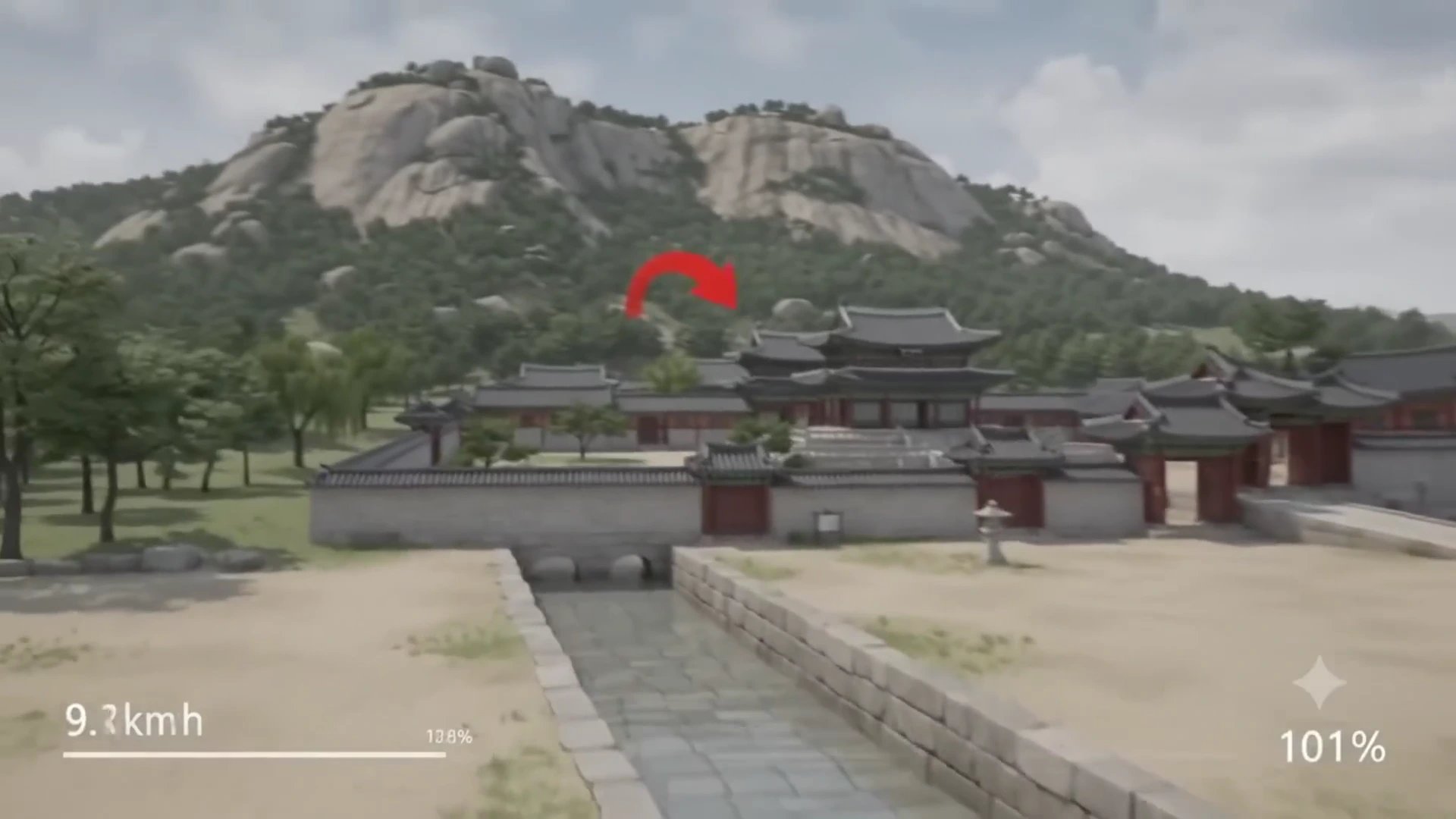 산 아래 자리 잡은 전통 궁궐 전경과 그 앞을 흐르는 석축 수로를 보여주는 3D 그래픽 영상으로, 수로 방향을 가리키는 빨간 화살표가 표시되어 있다.