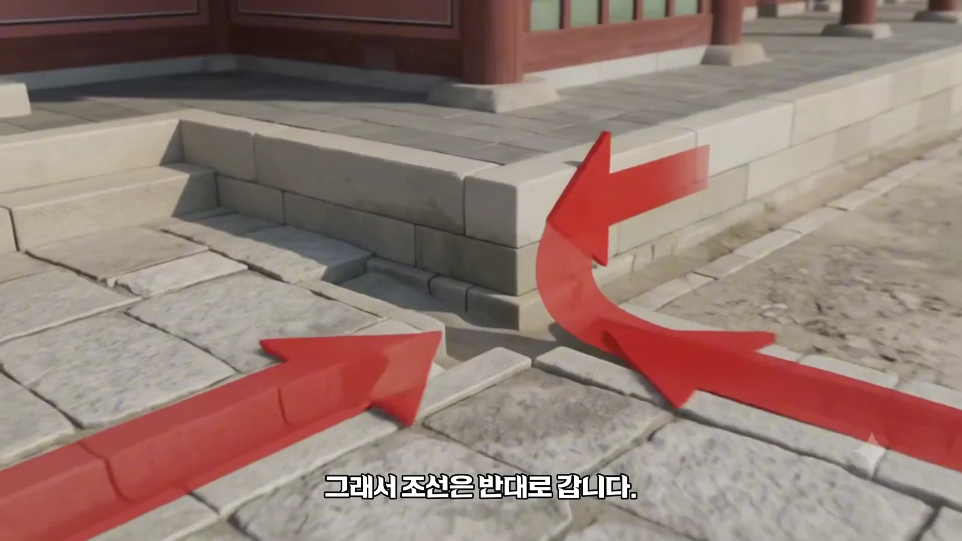 궁궐의 돌 마당과 건물 기단 모서리에 빨간색 화살표가 그려져 빗물이 흐르는 방향을 나타내는 그래픽 영상 화면