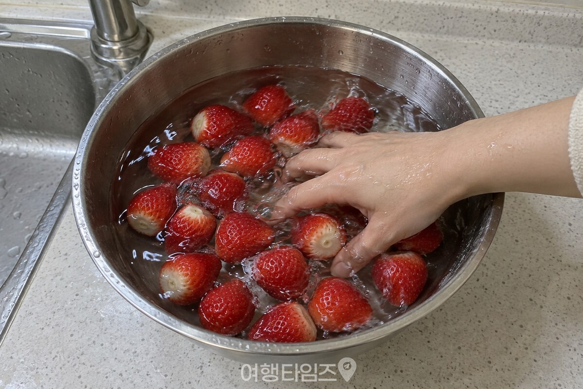 꼭지를 딴 딸기가 잠긴 볼에 한 손을 넣어 물을 살살 젓고 있다. / 기사 이해를 돕기 위한 생성형 이미지