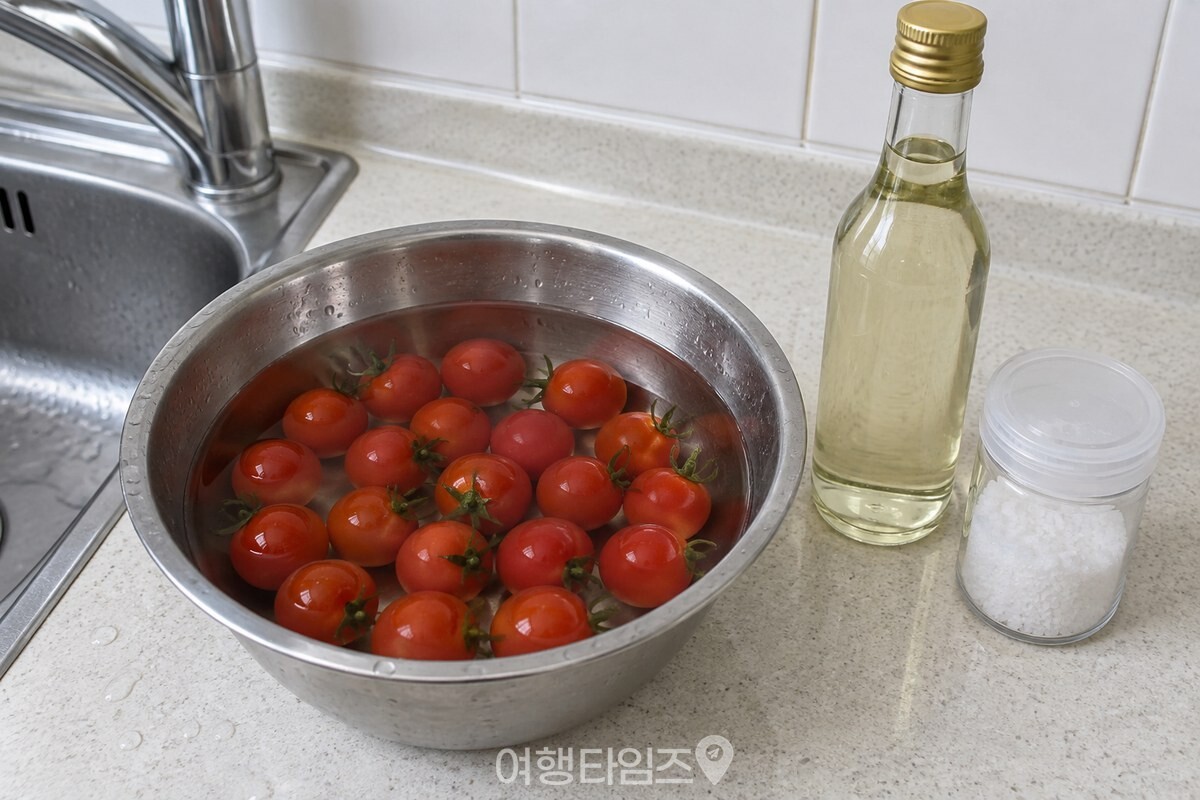식초병과 소금통을 옆에 둔 채 뚜껑을 닫아 두고, 볼에는 물만 받아 방울토마토를 담갔다. / 기사 이해를 돕기 위한 생성형 이미지