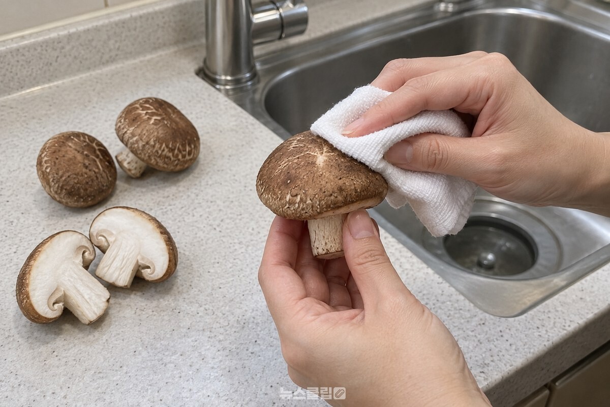 마른 행주로 생표고 갓 표면을 닦아 흙을 털어 내고 있다. / 기사 이해를 돕기 위한 생성형 이미지