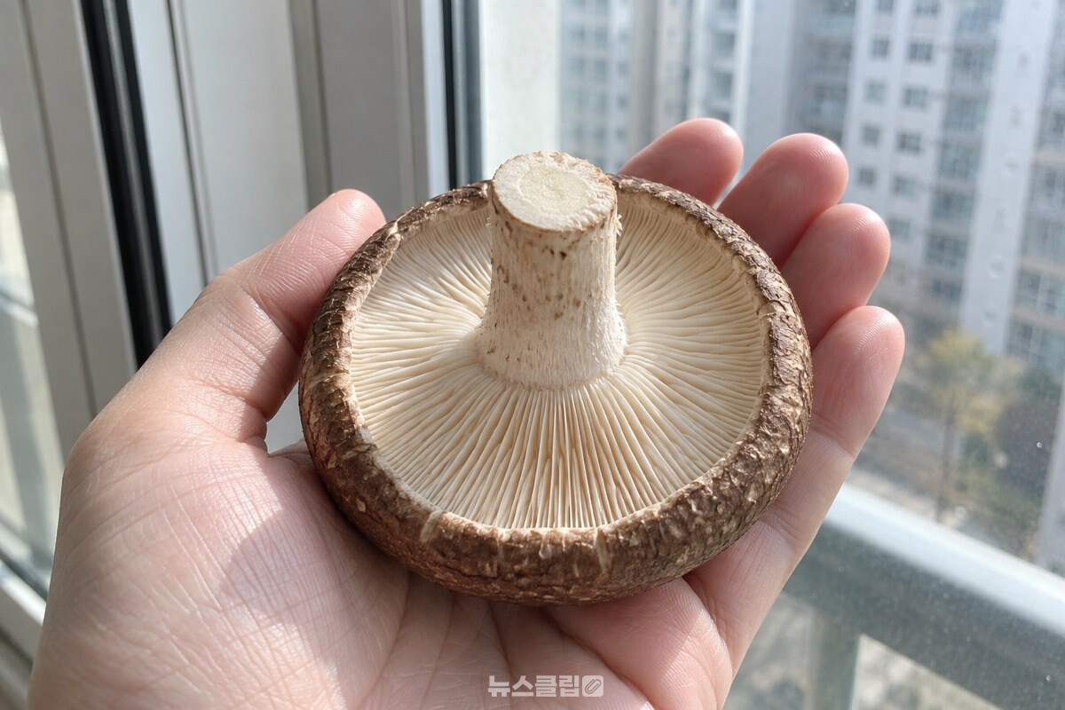 손바닥 위에 뒤집어 든 생표고의 갓 안쪽 주름이 햇빛을 그대로 받고 있다. / 기사 이해를 돕기 위한 생성형 이미지