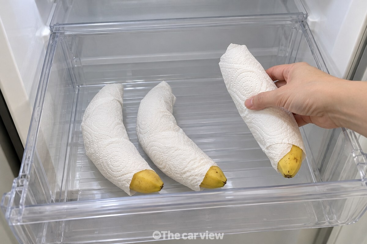 키친타월로 한 개씩 감싼 바나나를 냉장실 야채칸 서랍 안에 넣고 있다. / 기사 이해를 돕기 위한 생성형 이미지