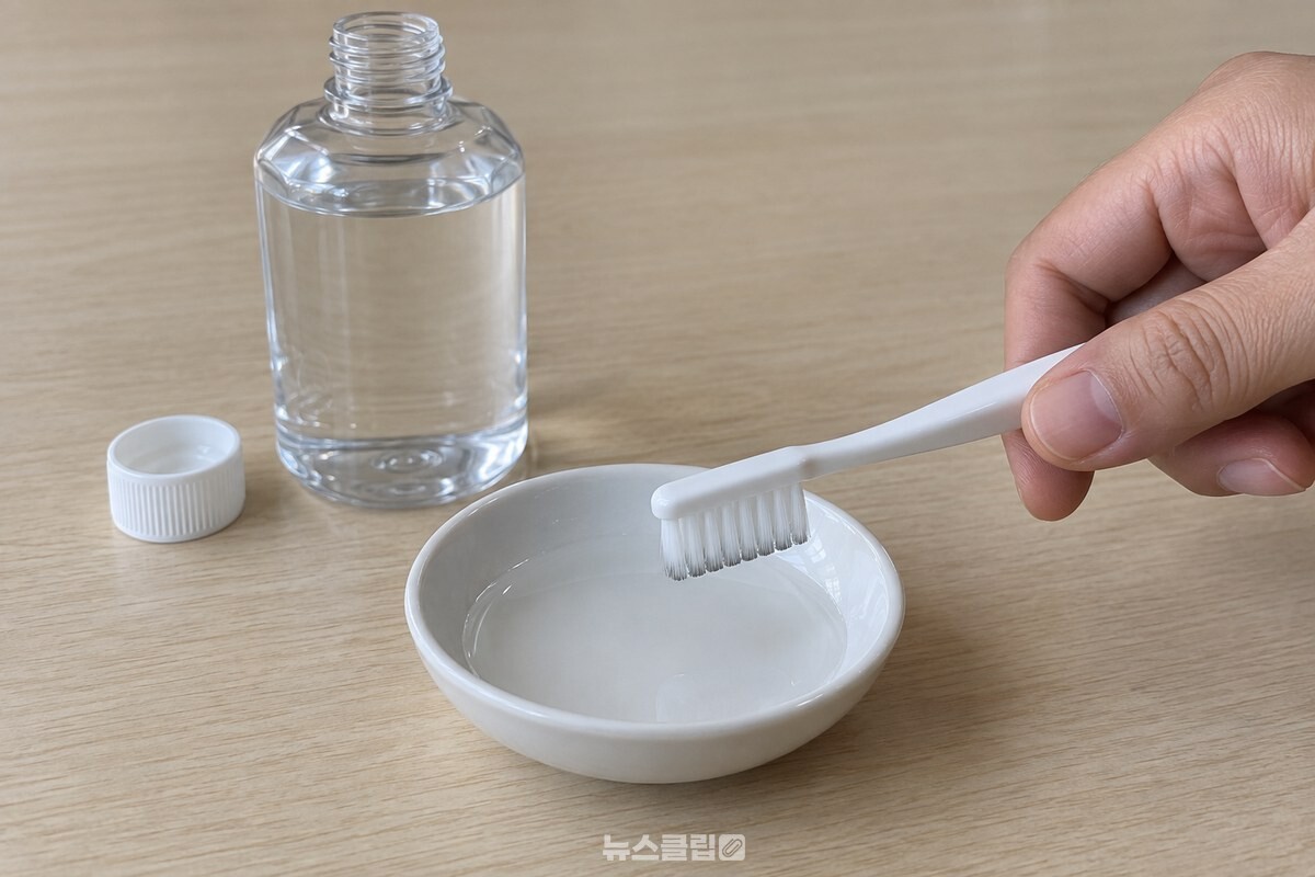작은 그릇에 따라 둔 소독용 알코올에 칫솔모 끝만 담갔다 빼는 모습으로, 솔 끝이 젖어 있고 물방울은 맺히지 않았다. / 기사 이해를 돕기 위한 생성형 이미지