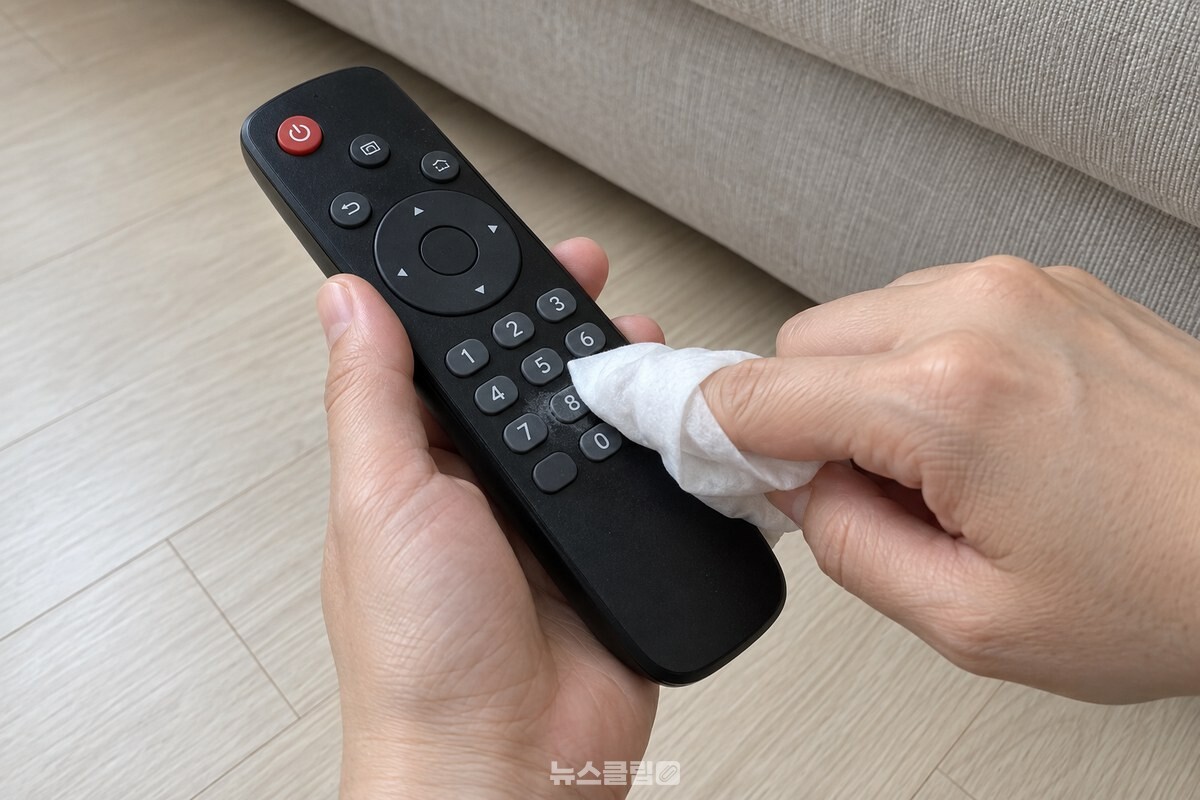 물티슈를 손가락에 감아 리모컨 버튼 윗면을 닦는 모습으로, 티슈가 버튼 사이 좁은 틈에는 닿지 않는다. / 기사 이해를 돕기 위한 생성형 이미지