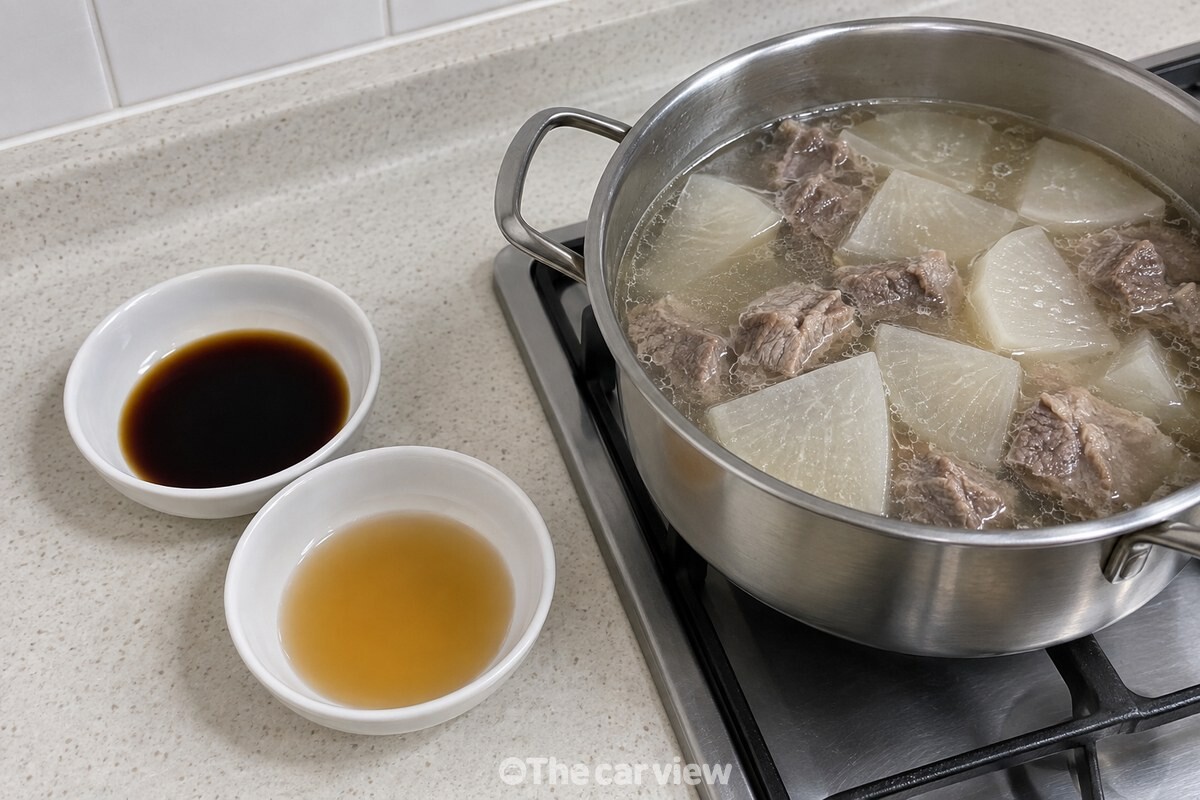 맑은 탕국 옆에 국간장과 까나리액젓을 각각 담아 둔 모습. / 기사 이해를 돕기 위한 생성형 이미지