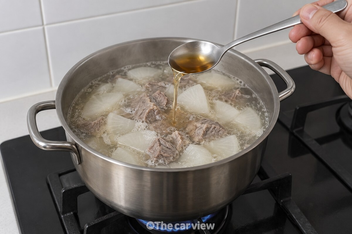 끓는 탕국에 까나리액젓 한 스푼을 넣는 모습. / 기사 이해를 돕기 위한 생성형 이미지
