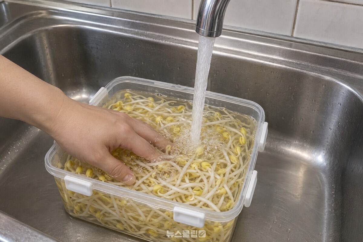 목이 긴 수전에서 나오는 찬물을 콩나물이 담긴 용기에 부어 수면이 콩나물 위로 올라오게 하는 모습. / 기사 이해를 돕기 위한 생성형 이미지