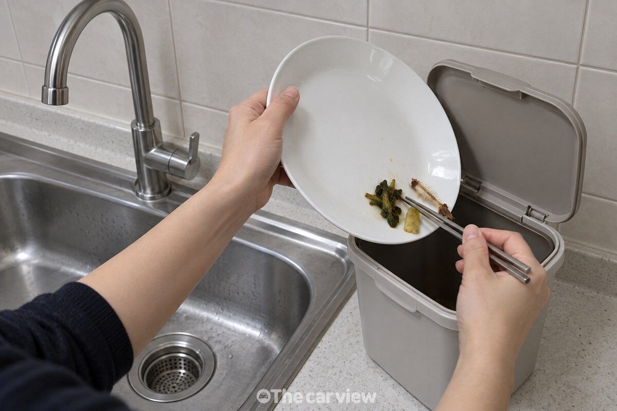 싱크대 옆 음식물 쓰레기통 위에서 젓가락으로 접시에 붙은 반찬 조각을 긁어 떨어뜨리는 모습, 수도는 잠겨 있다. / 기사 이해를 돕기 위한 생성형 이미지