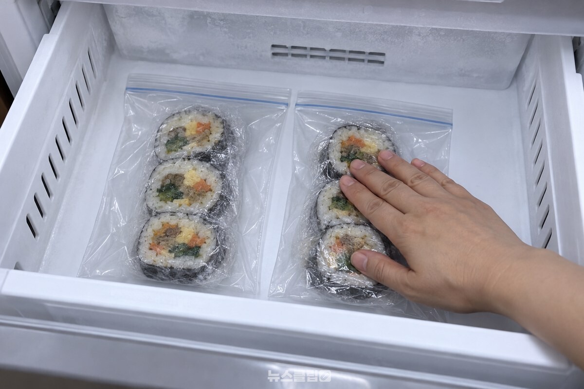 서랍형 냉동실 바닥에 지퍼백에 담은 김밥 묶음을 겹치지 않게 평평히 놓는 손. / 기사 이해를 돕기 위한 생성형 이미지