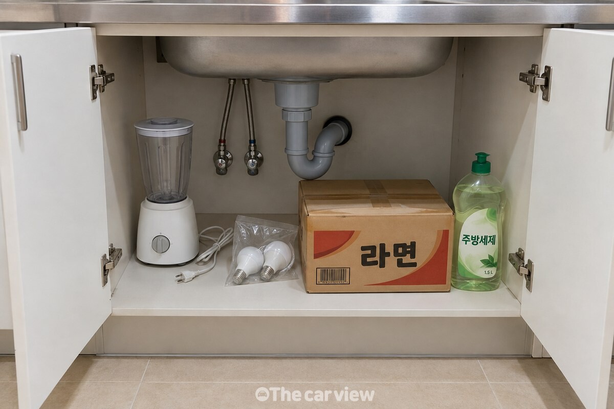 싱크대 하부장 문 두 짝을 활짝 열어 배수관과 그 아래 놓인 물건들이 보이는 모습. / 기사 이해를 돕기 위한 생성형 이미지