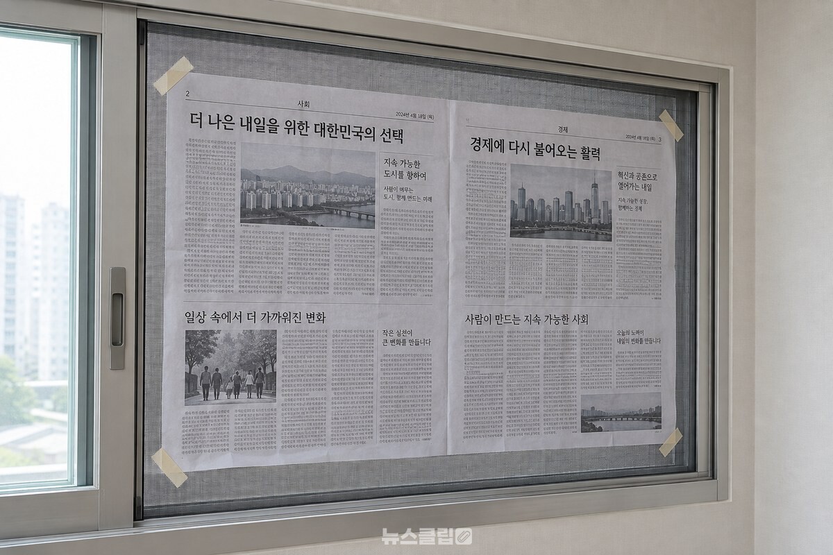 방충망 실내 쪽 면에 펼쳐 붙인 신문지가 종이테이프로 네 모서리에 고정돼 있고 옆쪽 미닫이 샷시 창이 한쪽으로 밀려 있다. / 기사 이해를 돕기 위한 생성형 이미지