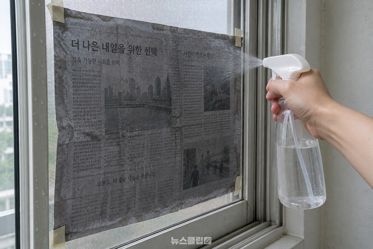 분무기로 식초물을 뿌려 신문지 전체가 짙게 젖은 채 방충망에 달라붙어 있다. / 기사 이해를 돕기 위한 생성형 이미지