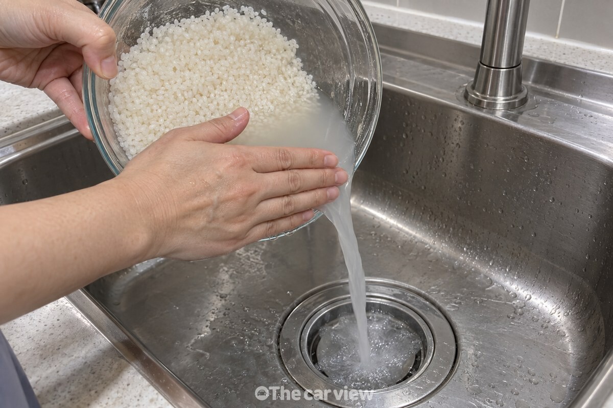 볼을 기울여 첫 물을 쏟아 버리고, 손바닥으로 입구를 막아 쌀알이 딸려 나가지 않게 하고 있다. / 기사 이해를 돕기 위한 생성형 이미지