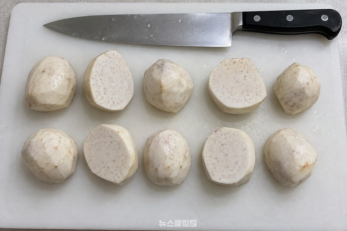 껍질을 벗긴 토란을 한입 크기로 고르게 맞춰 도마 위에 늘어놓았다. / 기사 이해를 돕기 위한 생성형 이미지
