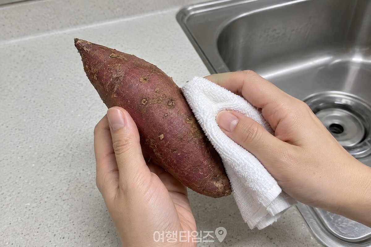 마른 면 수건으로 햇고구마 겉의 흙을 가볍게 털어 내는 모습. / 기사 이해를 돕기 위한 생성형 이미지