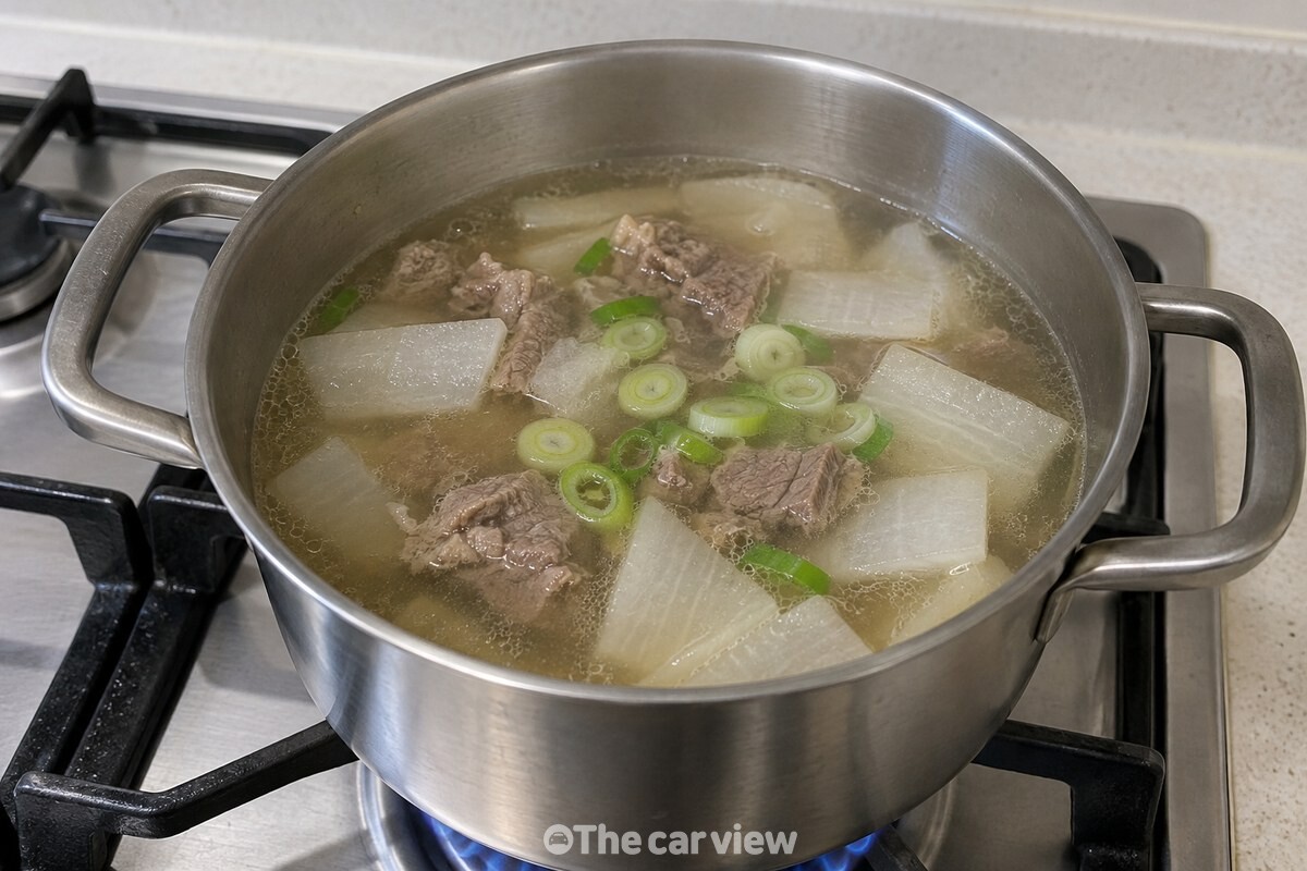 맑은 멸치 육수에 데친 소고기와 나박 썬 무를 넣고 끓이는 냄비. / 기사 이해를 돕기 위한 생성형 이미지