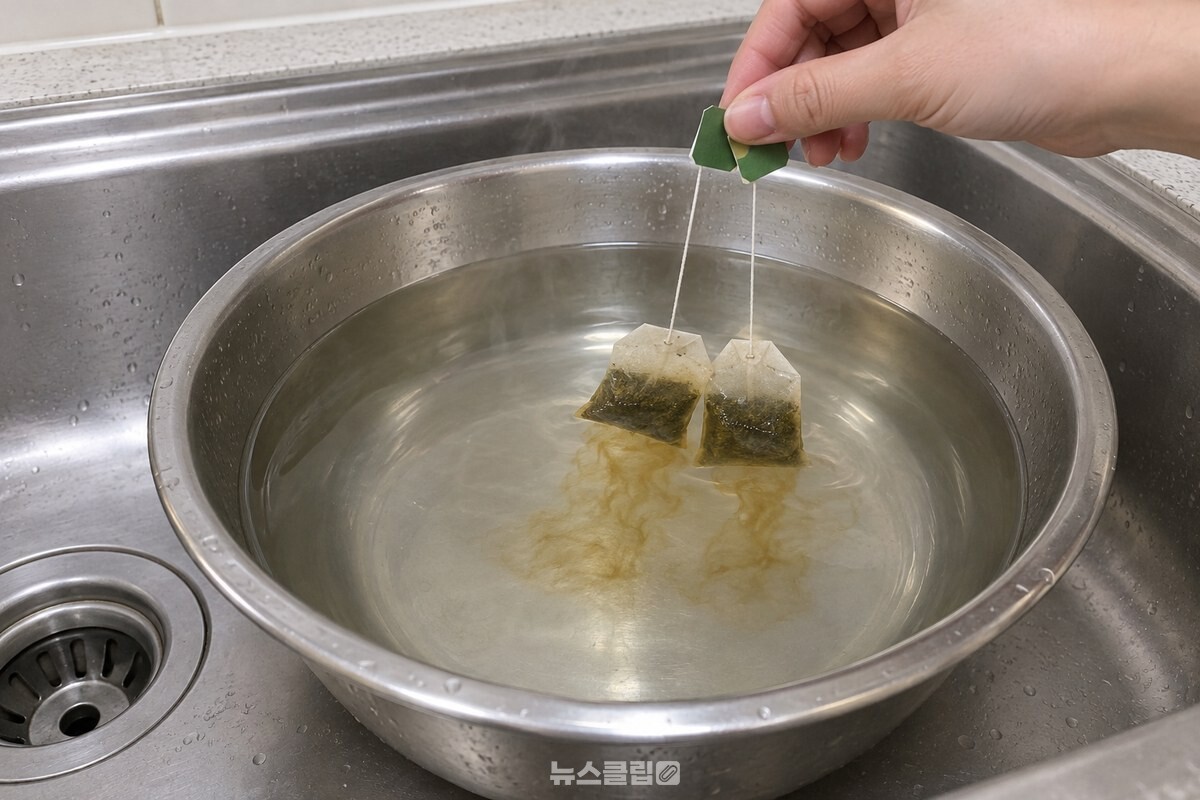 물을 받은 스테인리스 대야에 녹차 티백 두 개를 넣자 티백 주변으로 연한 갈색 물이 번지고 있다. / 기사 이해를 돕기 위한 생성형 이미지